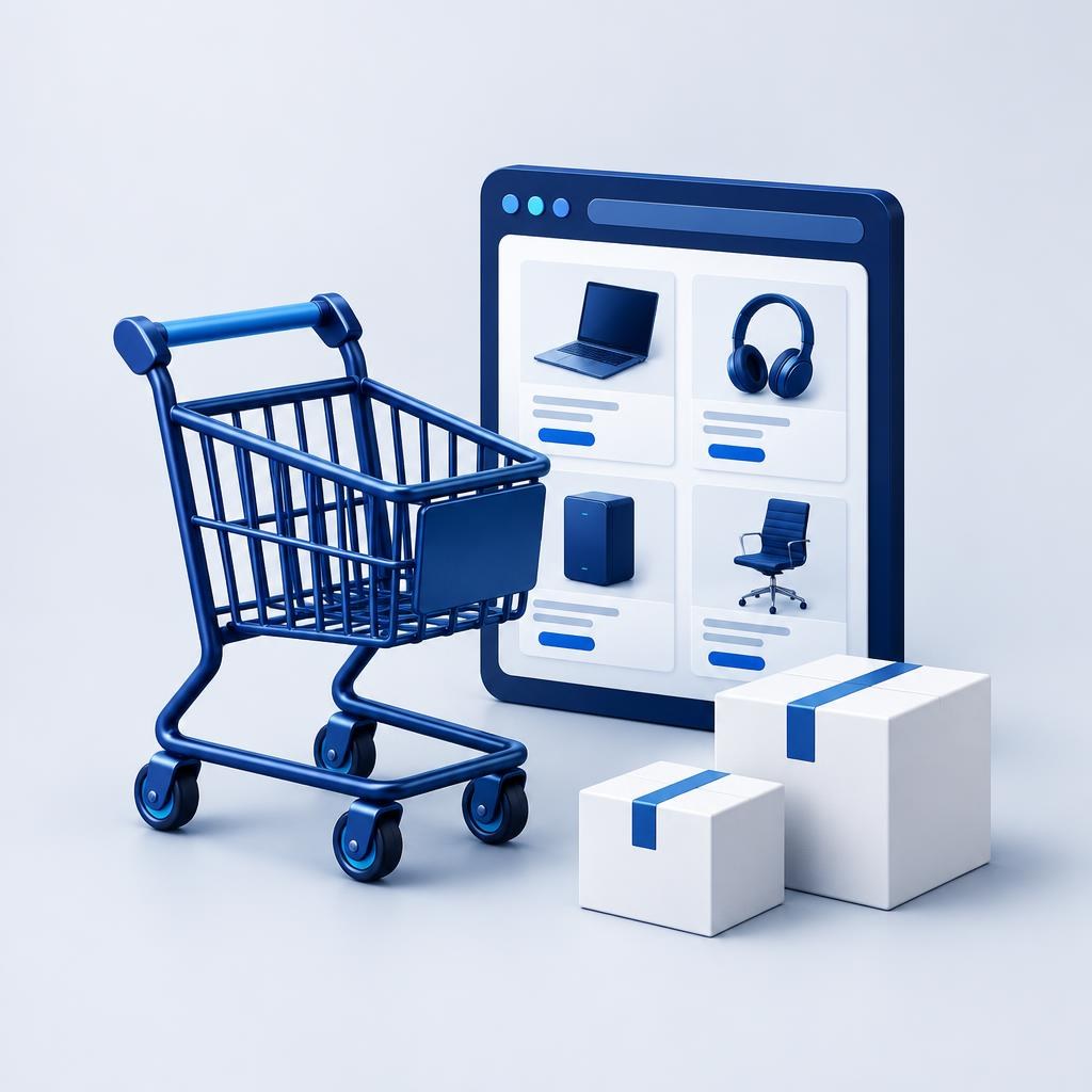 La création de votre site e-commerce à Voiron Illustration d’une boutique en ligne et de son catalogue.